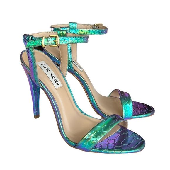 Steven Madden Carmelina Turquoise Metallic Snake-Embossed Sandal - Picture 8 of 16